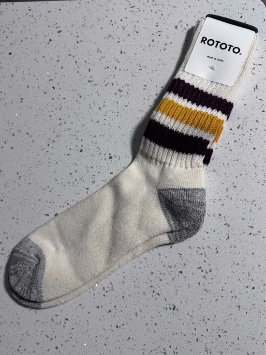 RoToTo Retro Coarse Ribbed Old School Crew Socks in Gold & Bourdeaux NWT - Picture 10 of 12